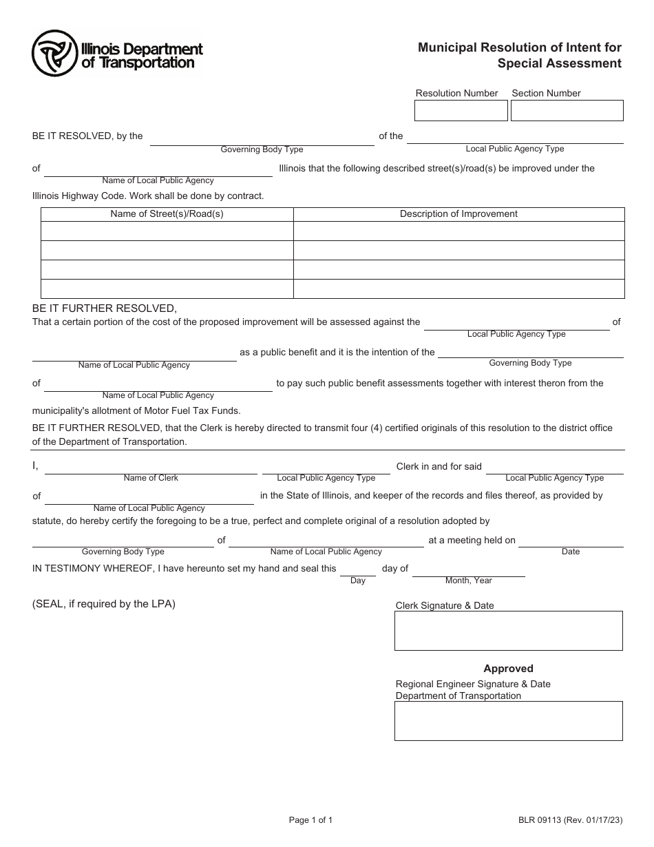 Form BLR09113 Municipal Resolution of Intent for Special Assessment - Illinois, Page 1