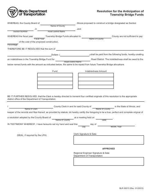 Form BLR09215 Resolution for the Anticipation of Township Bridge Funds - Illinois