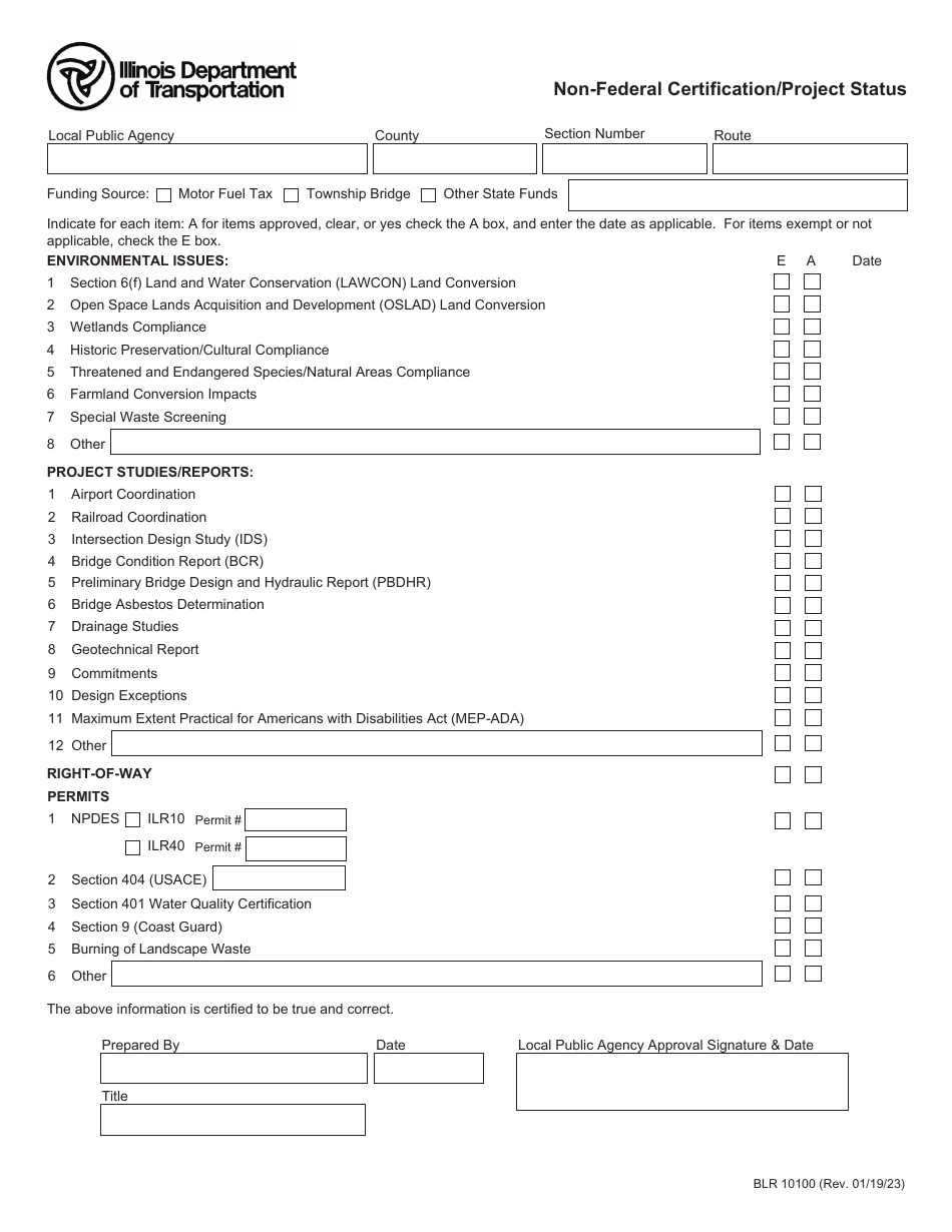 Form BLR10100 Non-federal Certification/Project Status - Illinois, Page 1