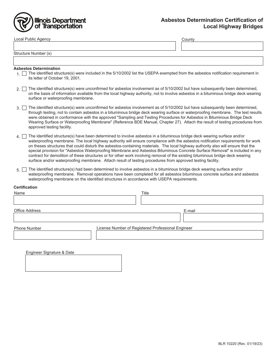 Form BLR10220 Asbestos Determination Certification of Local Highway Bridges - Illinois, Page 1