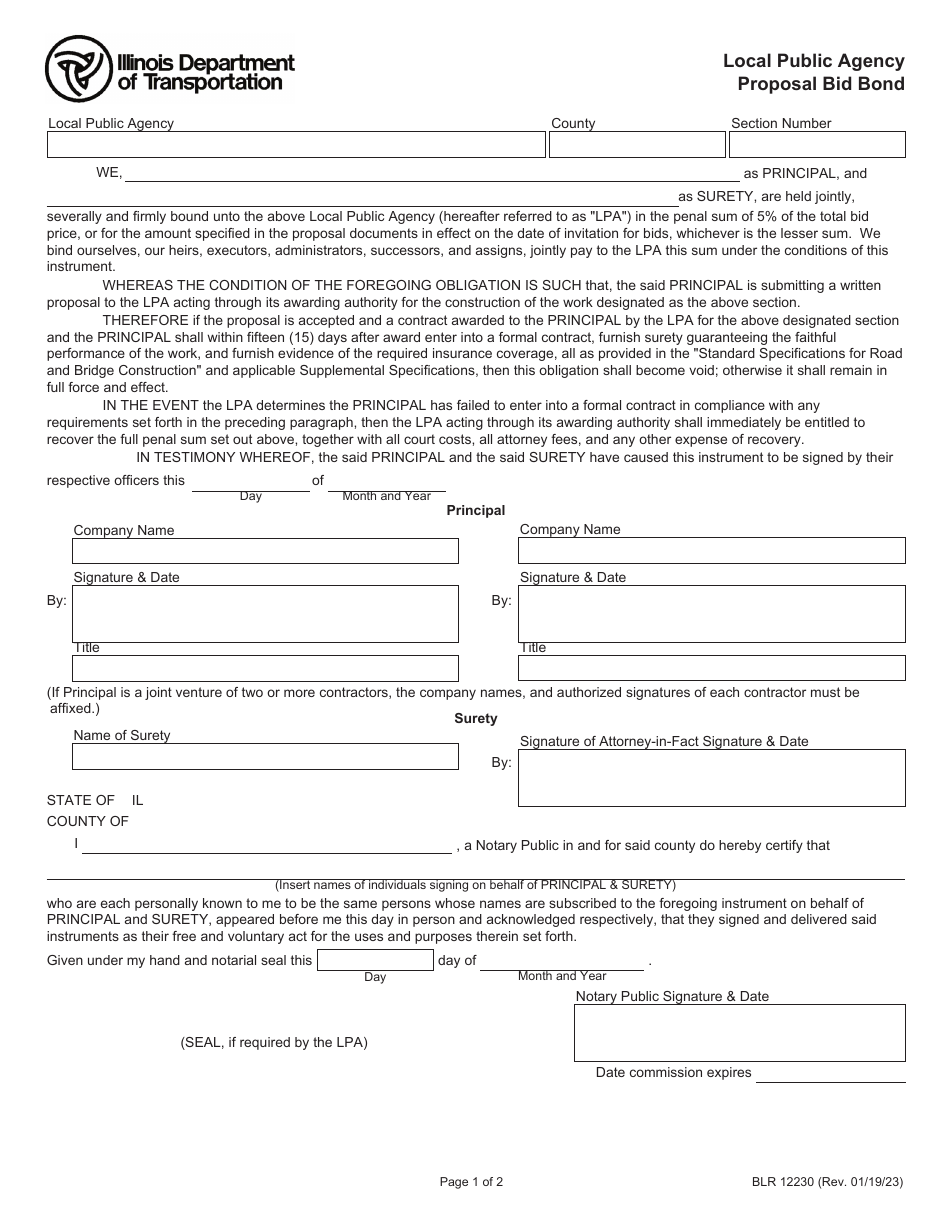 Form BLR12230 Local Public Agency Proposal Bid Bond - Illinois, Page 1
