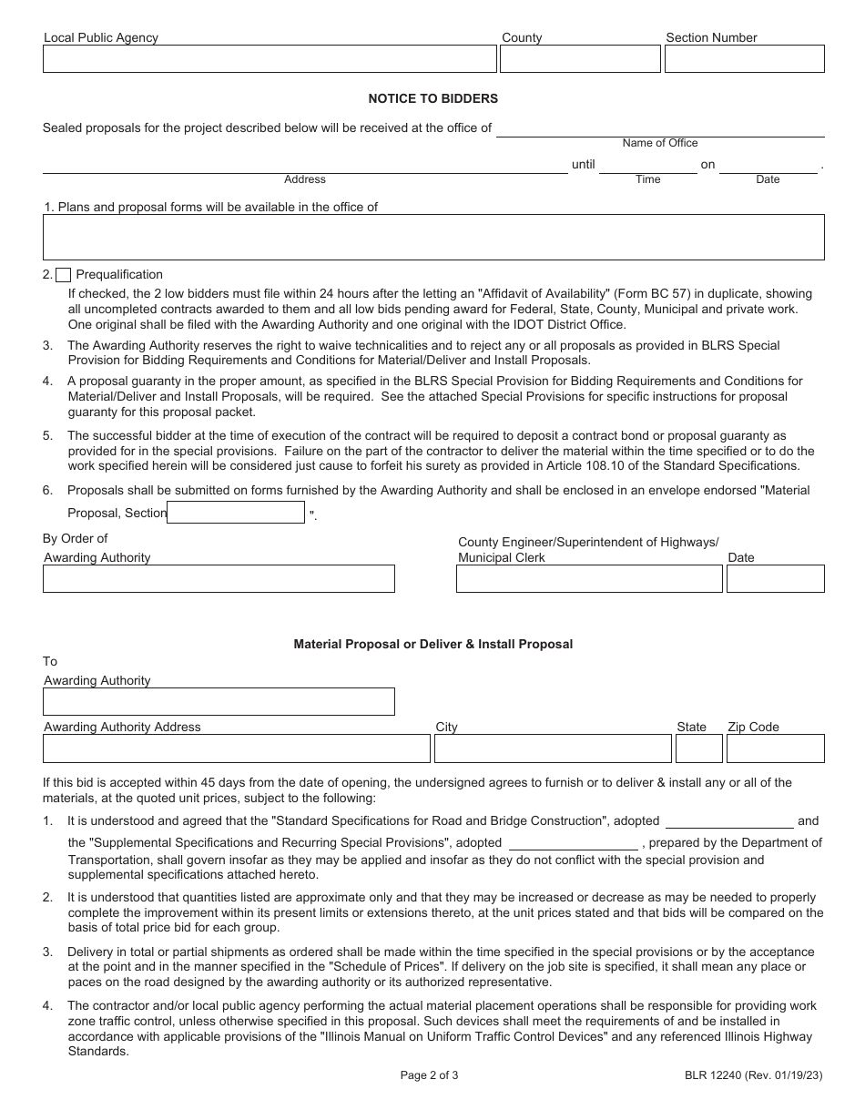Form BLR12240 Local Public Agency Material Proposal or Deliver  Install Proposal - Illinois, Page 2