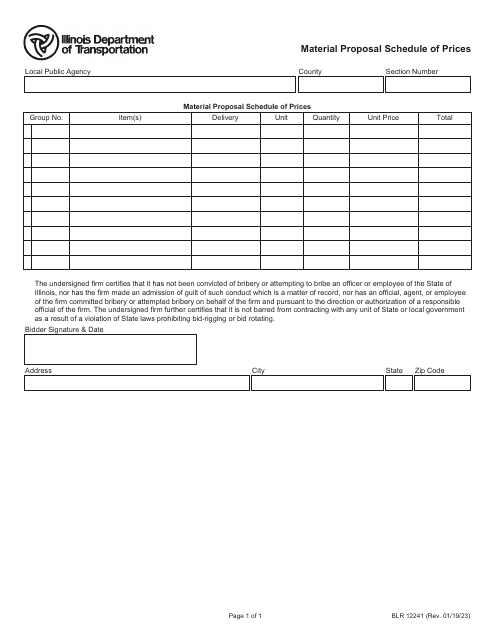 Form BLR12241 Material Proposal Schedule of Prices - Illinois