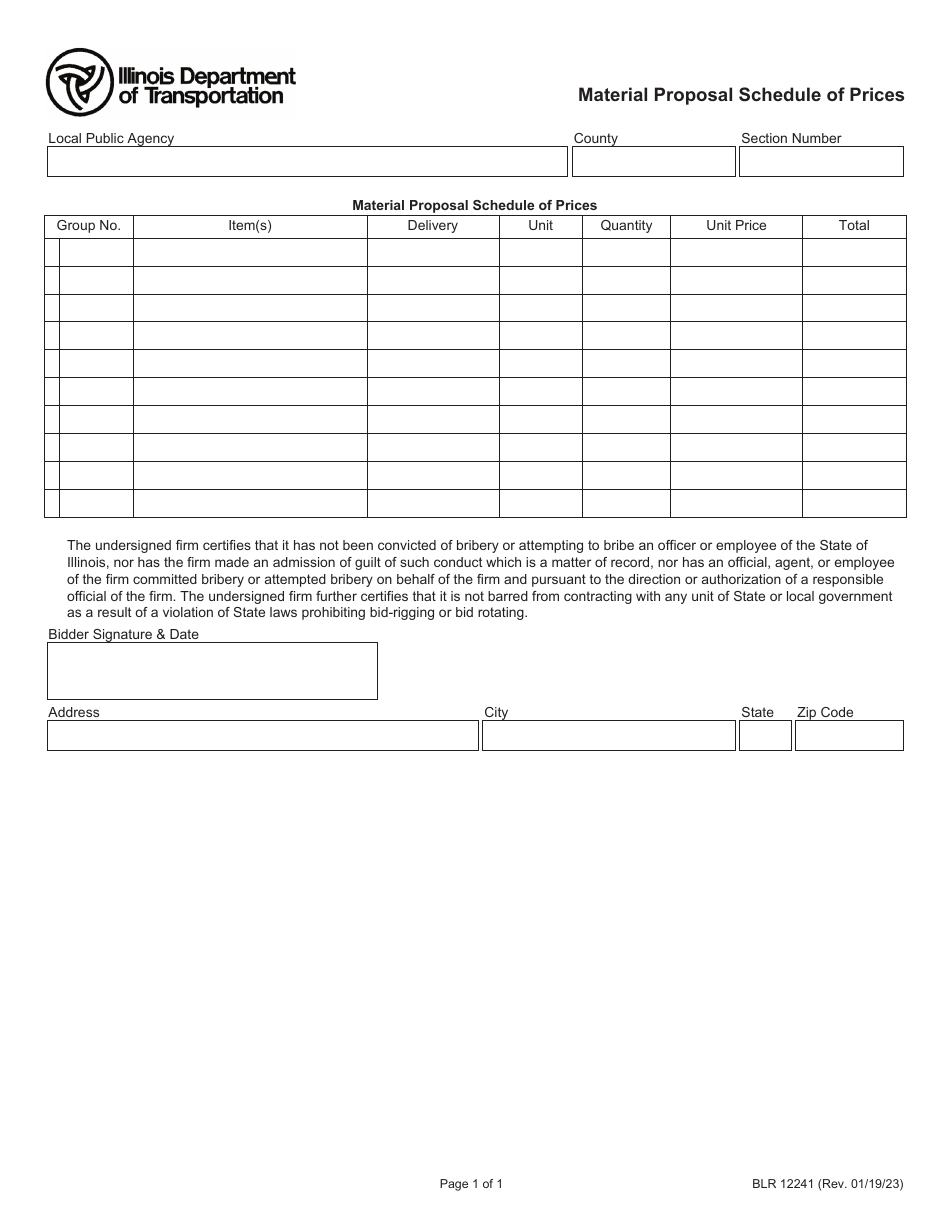 Form BLR12241 Material Proposal Schedule of Prices - Illinois, Page 1