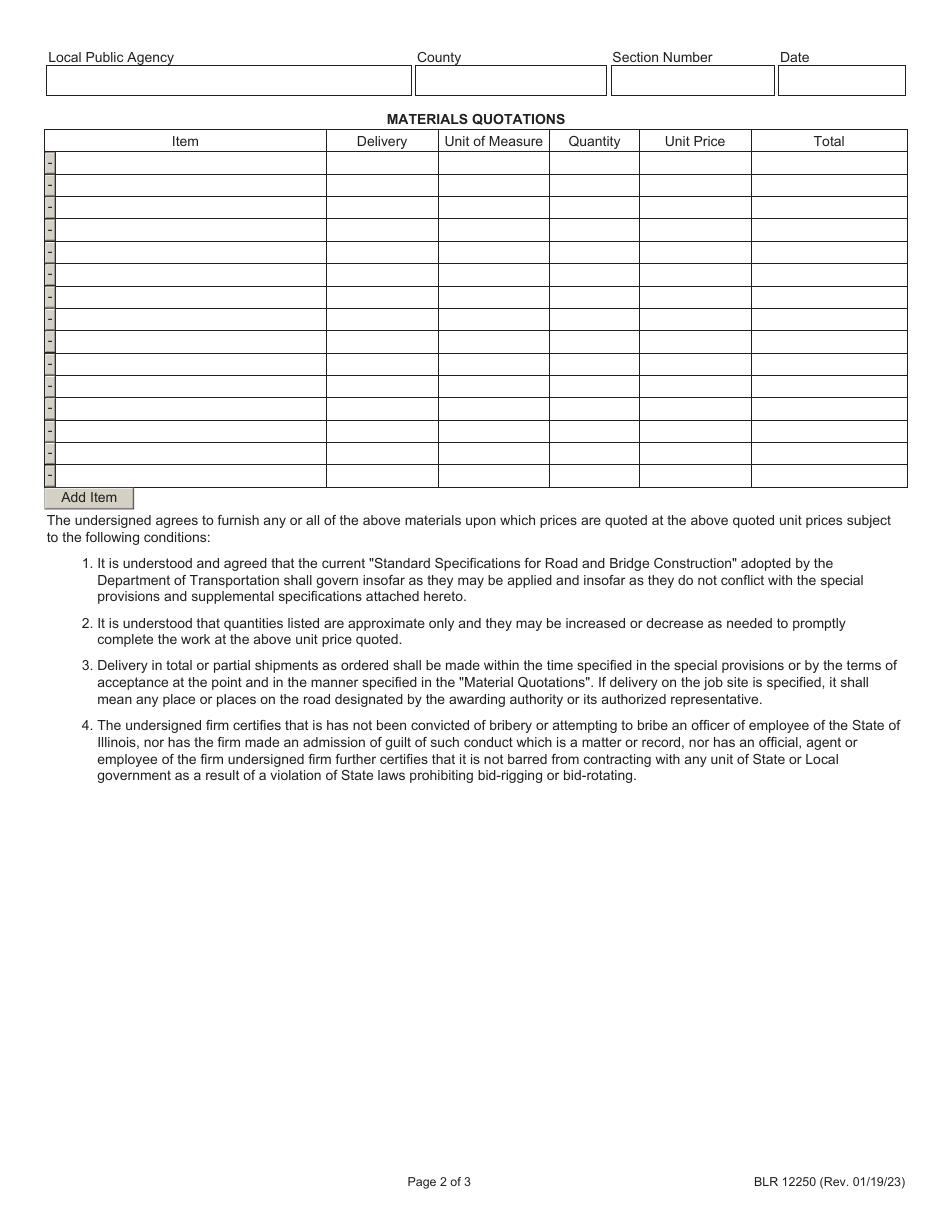 Form BLR12250 Material Quotations - Illinois, Page 2