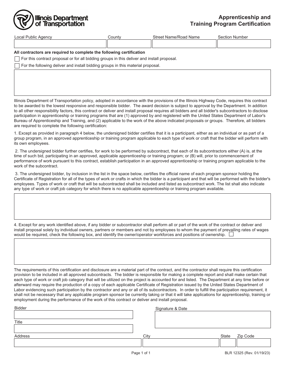 Form BLR12325 Apprenticeship and Training Program Certification - Illinois, Page 1