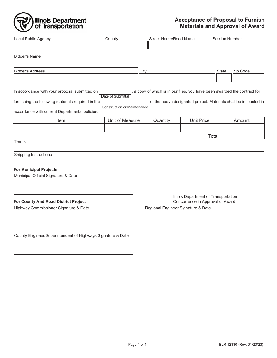 Form BLR12330 Acceptance of Proposal to Furnish Materials and Approval of Award - Illinois, Page 1