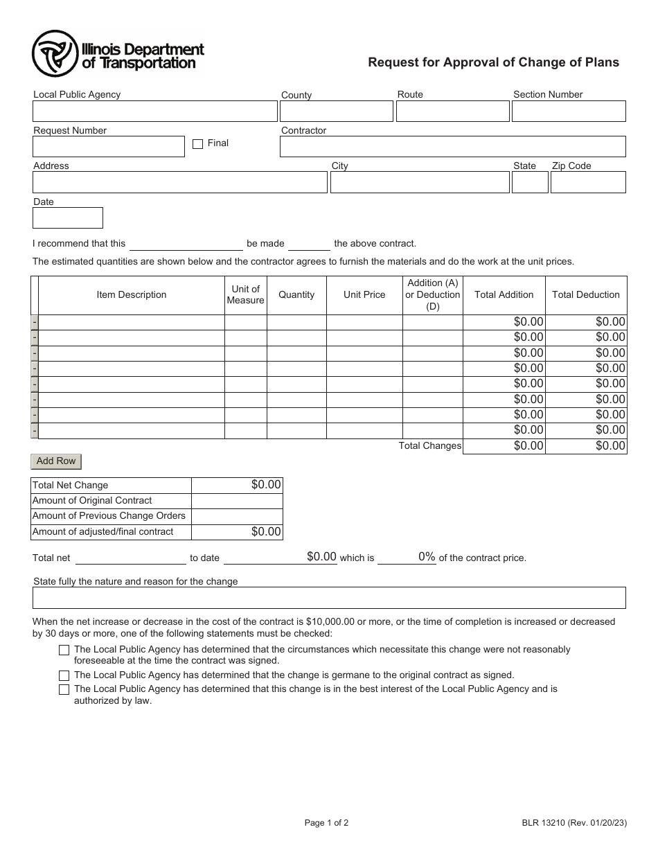 Form BLR13210 Request for Approval of Change of Plans - Illinois, Page 1