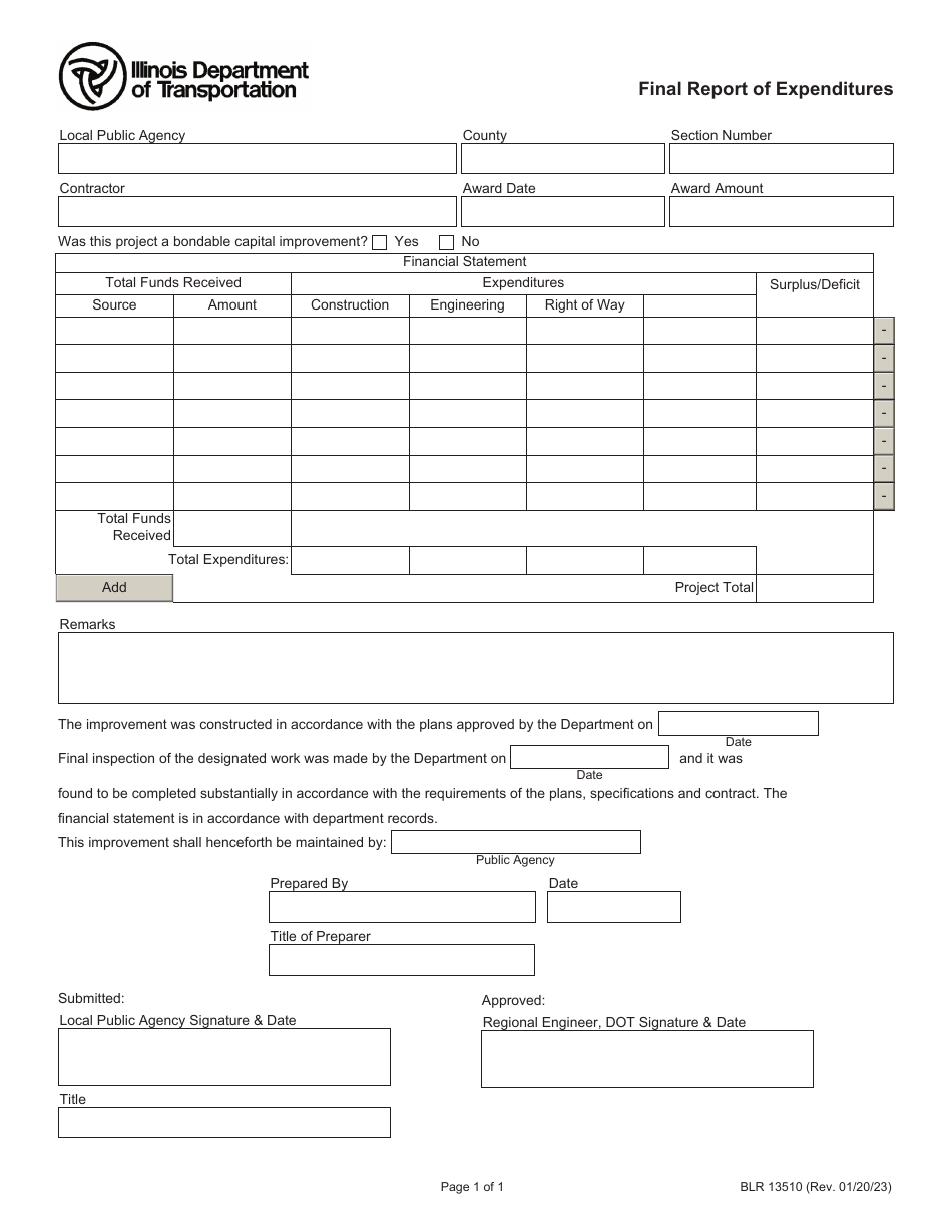 Form BLR13510 Final Report of Expenditures - Illinois, Page 1