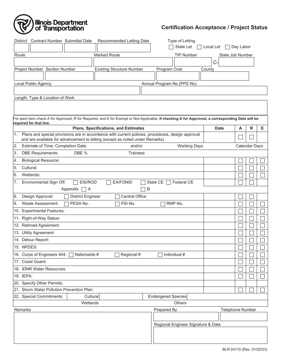 Form BLR24110 Certification Acceptance / Project Status - Illinois, Page 1