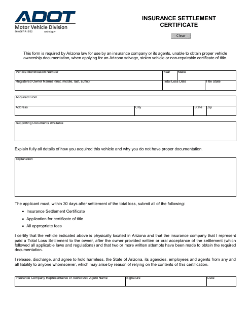 Form 96-0567 Insurance Settlement Certificate - Arizona