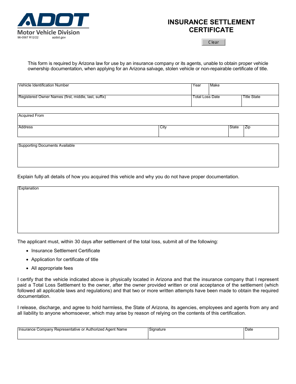Form 96-0567 Insurance Settlement Certificate - Arizona, Page 1