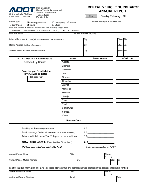 Form 96-0290 Rental Vehicle Surcharge Annual Report - Arizona