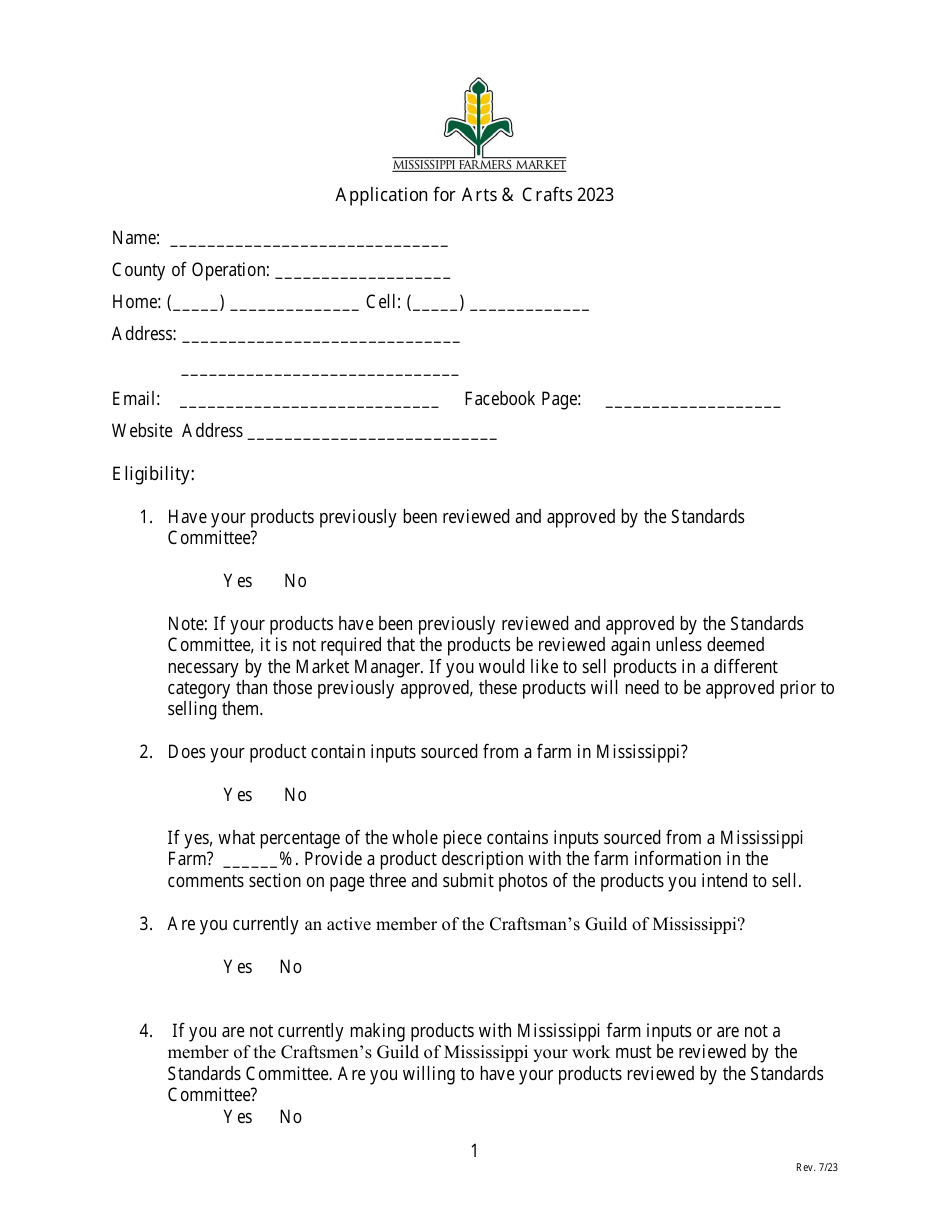 Vendor Application for Arts  Crafts - Mississippi, Page 1