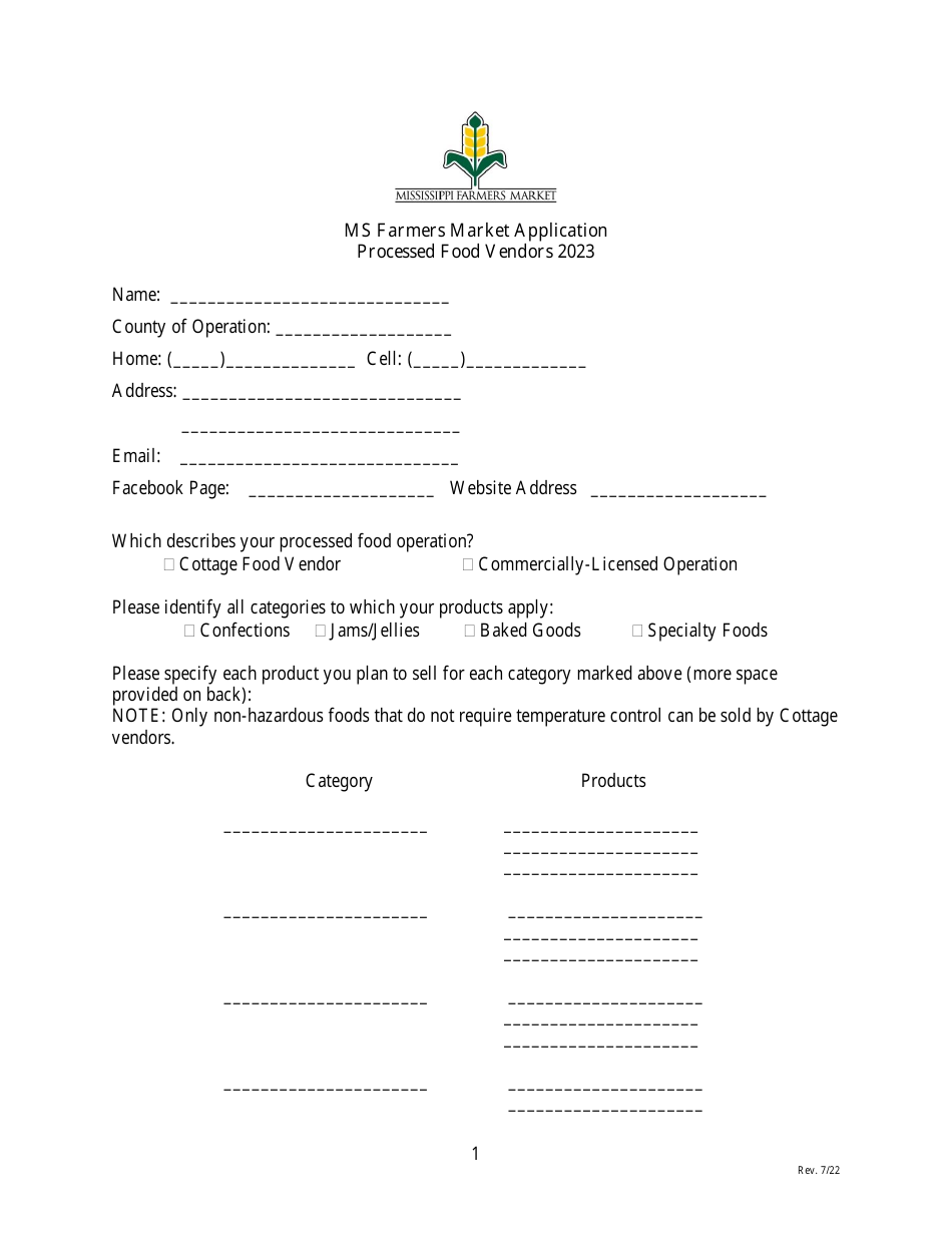 Ms Farmers Market Application - Processed Food Vendors - Mississippi, Page 1