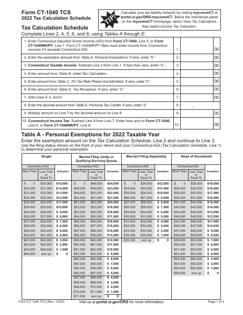 Form CT-1040 TCS Tax Calculation Schedule - Connecticut, 2022