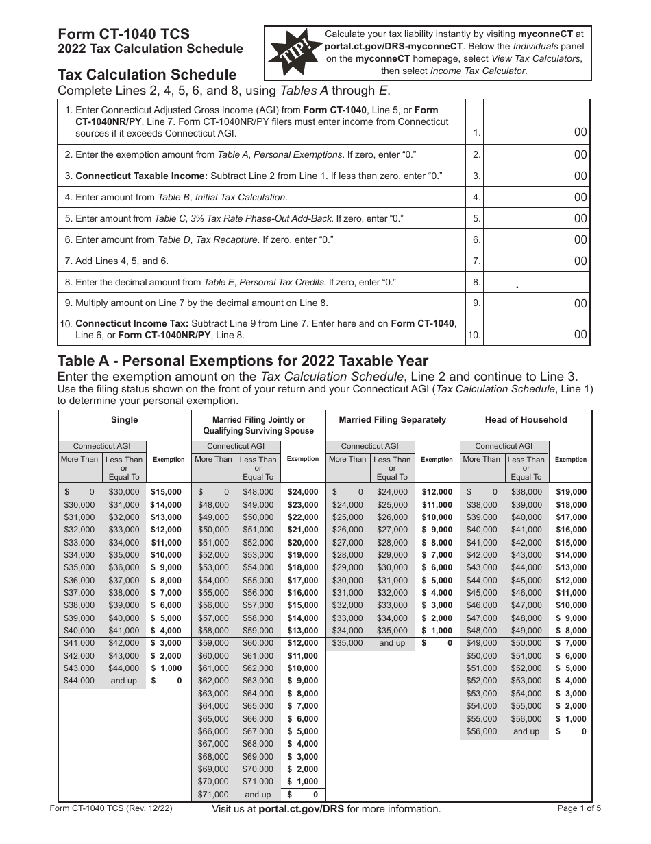 Form CT-1040 TCS Tax Calculation Schedule - Connecticut, Page 1