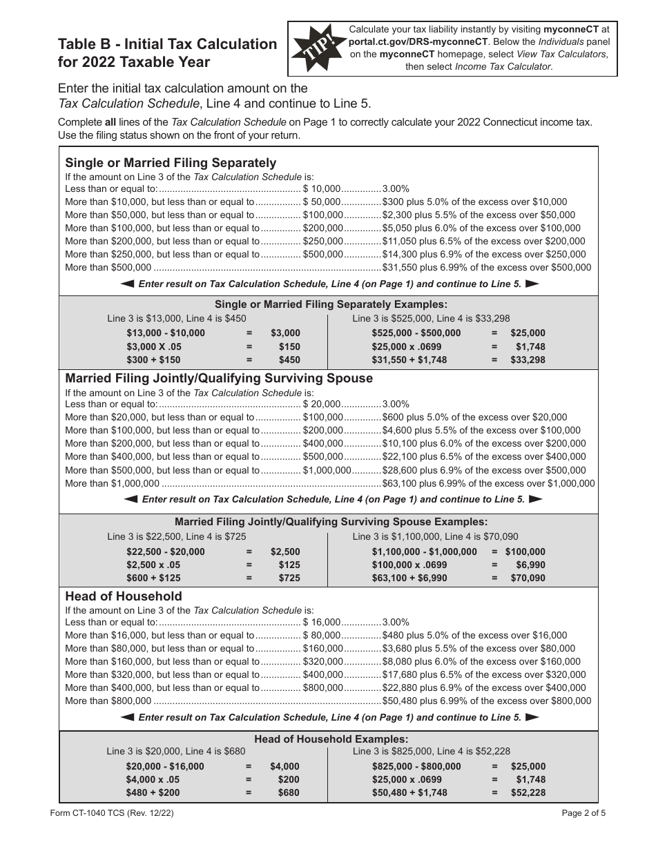 Form CT-1040 TCS Tax Calculation Schedule - Connecticut, Page 2