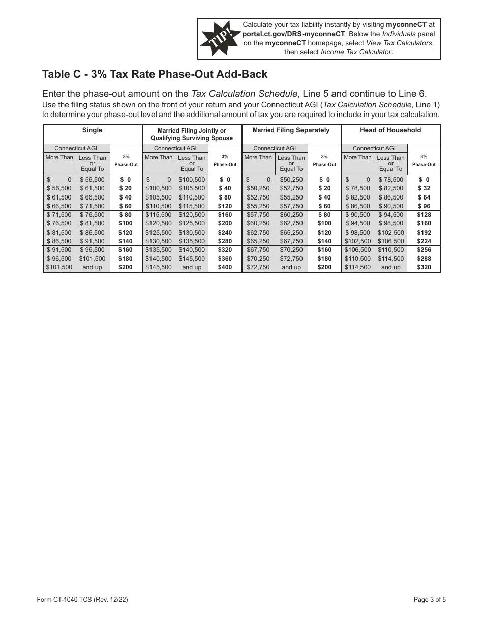 Form CT-1040 TCS Tax Calculation Schedule - Connecticut, Page 3