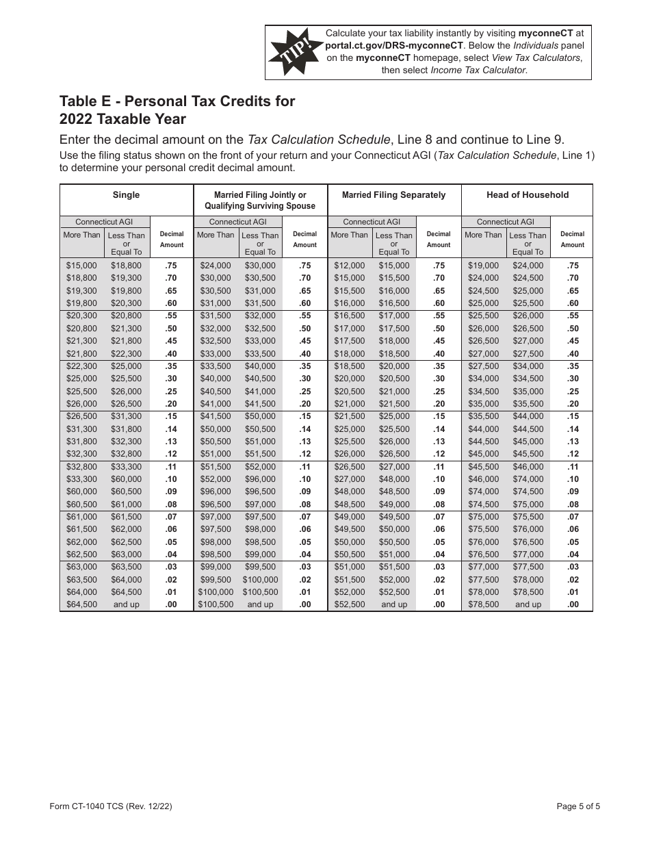 Form CT-1040 TCS Tax Calculation Schedule - Connecticut, Page 5