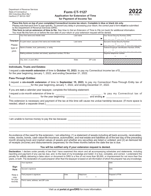 Form CT-1127 Application for Extension of Time for Payment of Income Tax - Connecticut, 2022