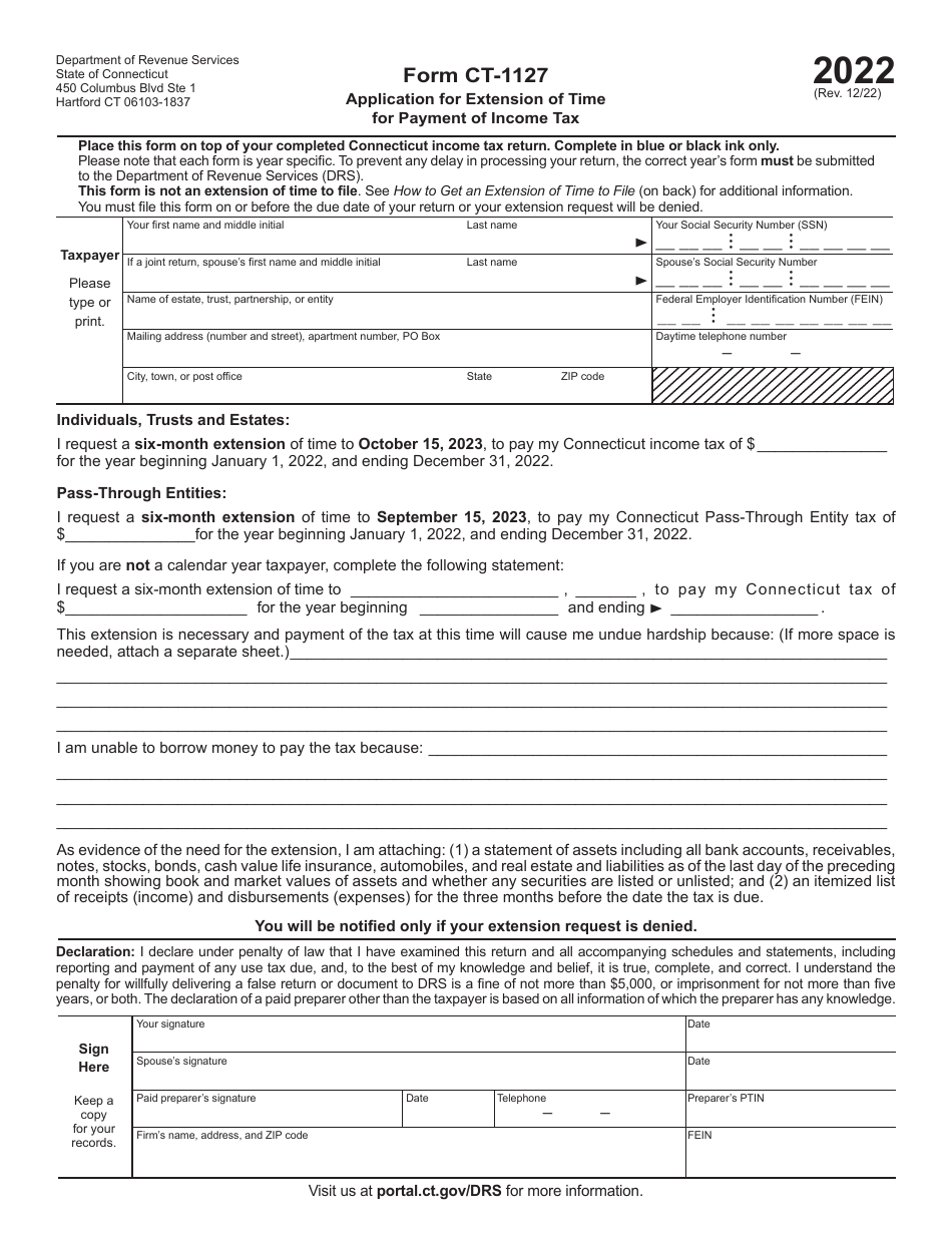 Form CT-1127 Application for Extension of Time for Payment of Income Tax - Connecticut, Page 1