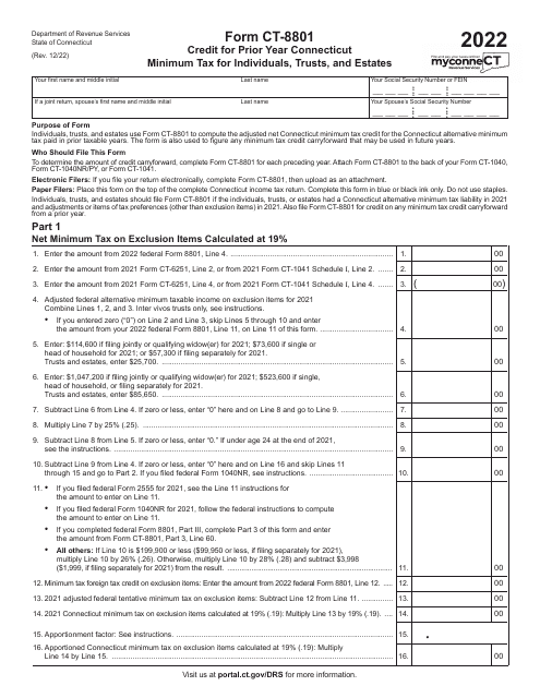 Form CT-8801 Credit for Prior Year Connecticut Minimum Tax for Individuals, Trusts, and Estates - Connecticut, 2022