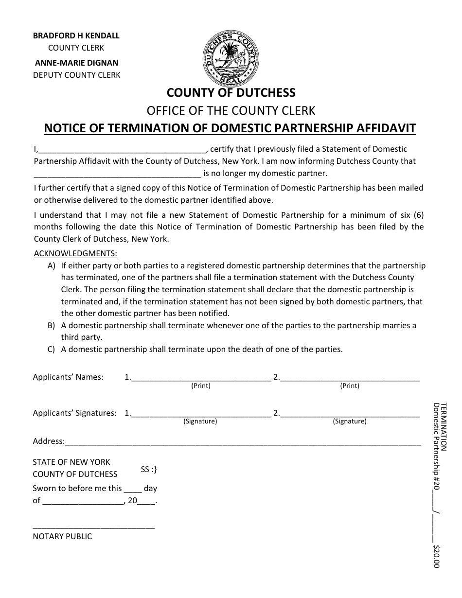 Notice of Termination of Domestic Partnership Affidavit - Dutchess County, New York, Page 1
