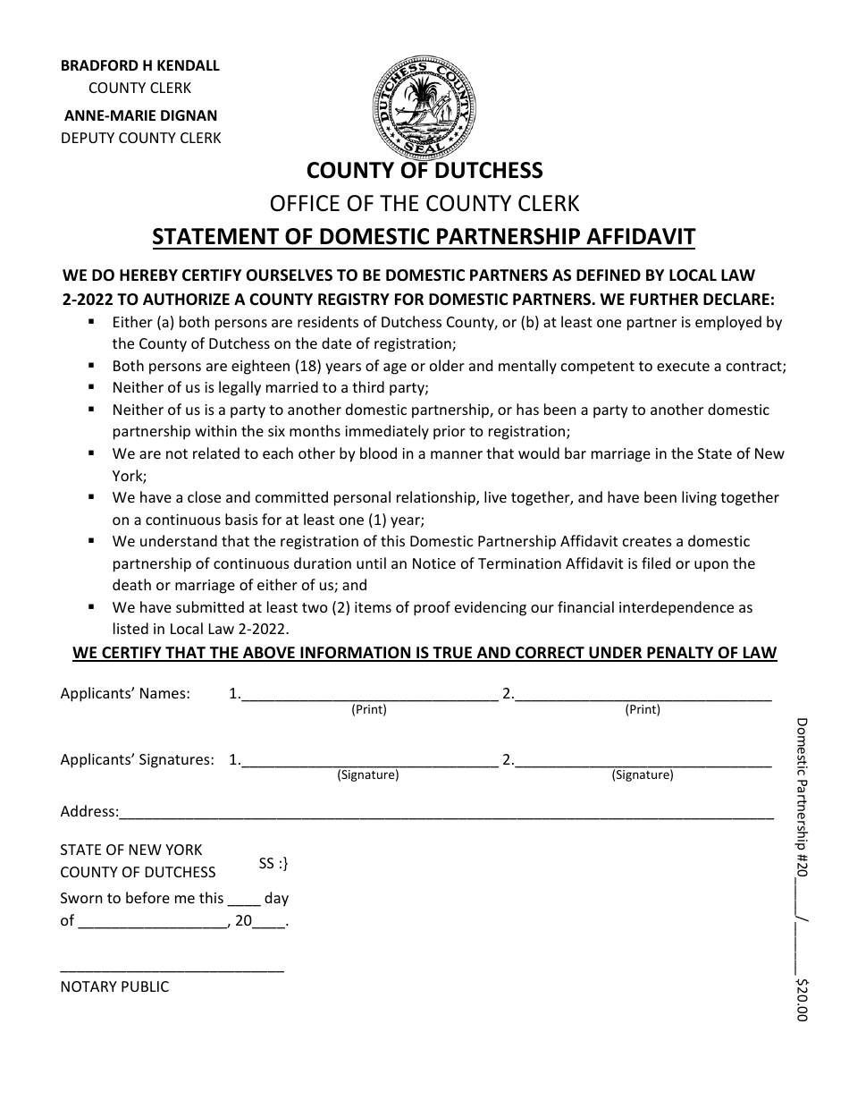 Statement of Domestic Partnership Affidavit - Dutchess County, New York, Page 1