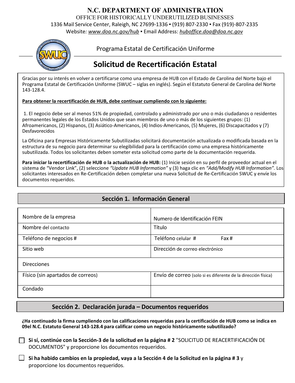Solicitud De Recertificacion Estatal - North Carolina (Spanish), Page 1