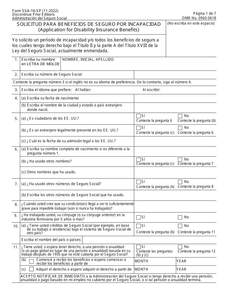Formulario SSA-16-SP Solicitud Para Beneficios De Seguro Por Incapacidad (Spanish), Page 1
