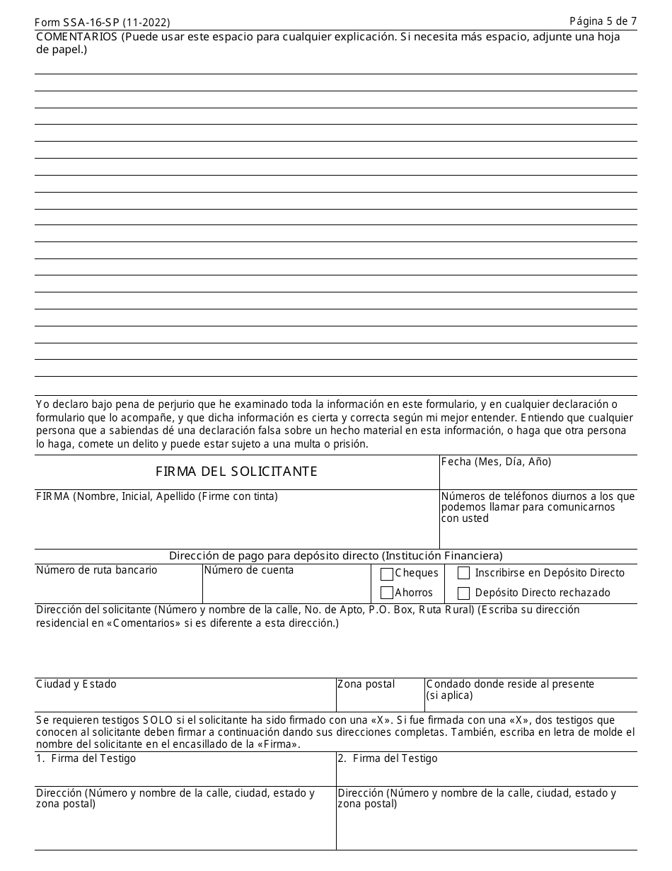 Formulario SSA-16-SP Solicitud Para Beneficios De Seguro Por Incapacidad (Spanish), Page 5