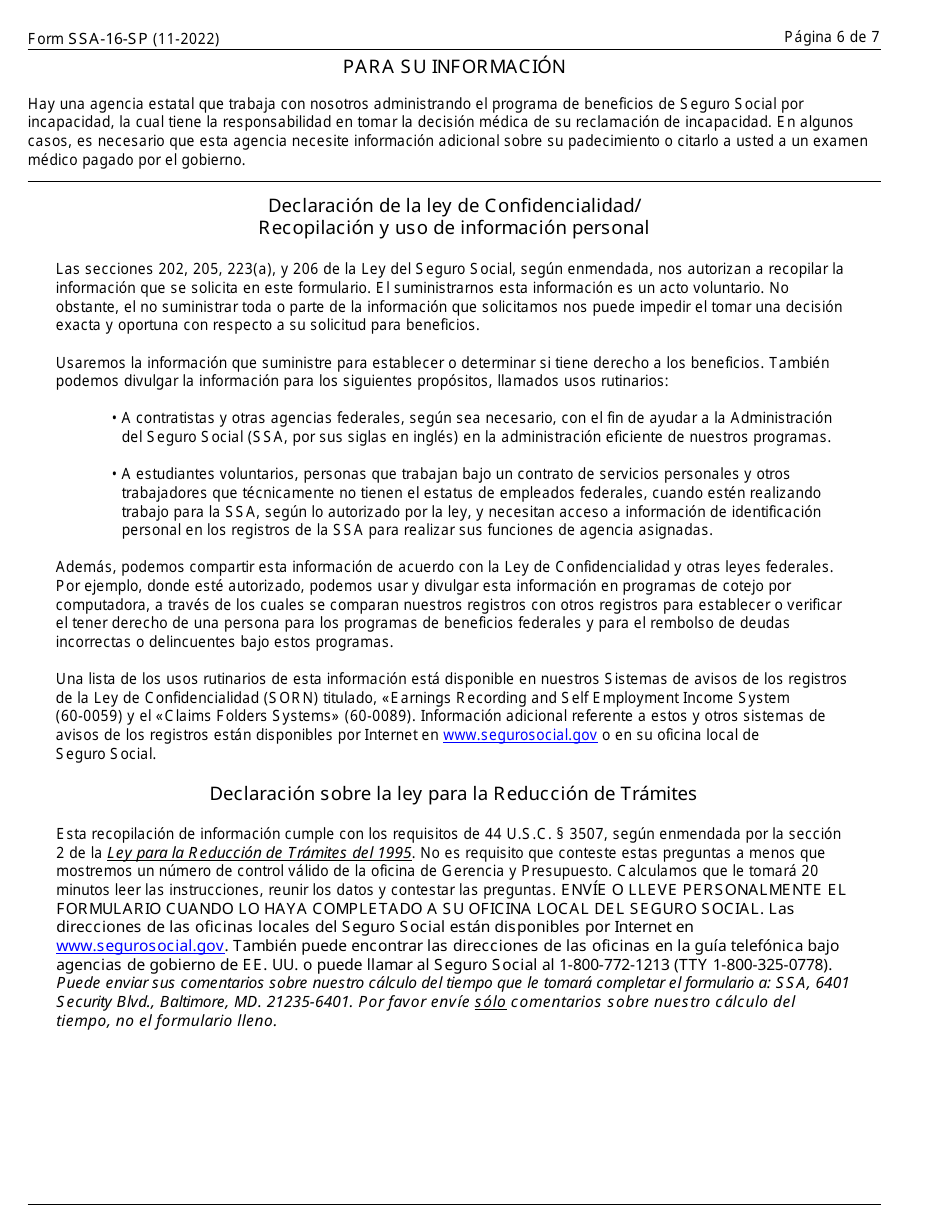 Formulario SSA-16-SP Solicitud Para Beneficios De Seguro Por Incapacidad (Spanish), Page 6