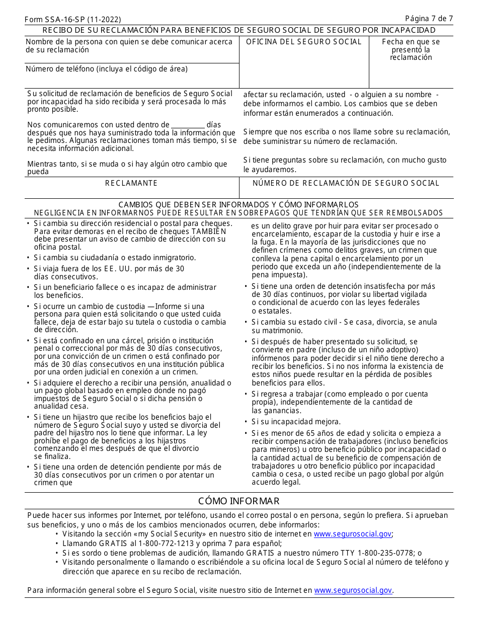 Formulario SSA-16-SP Solicitud Para Beneficios De Seguro Por Incapacidad (Spanish), Page 7