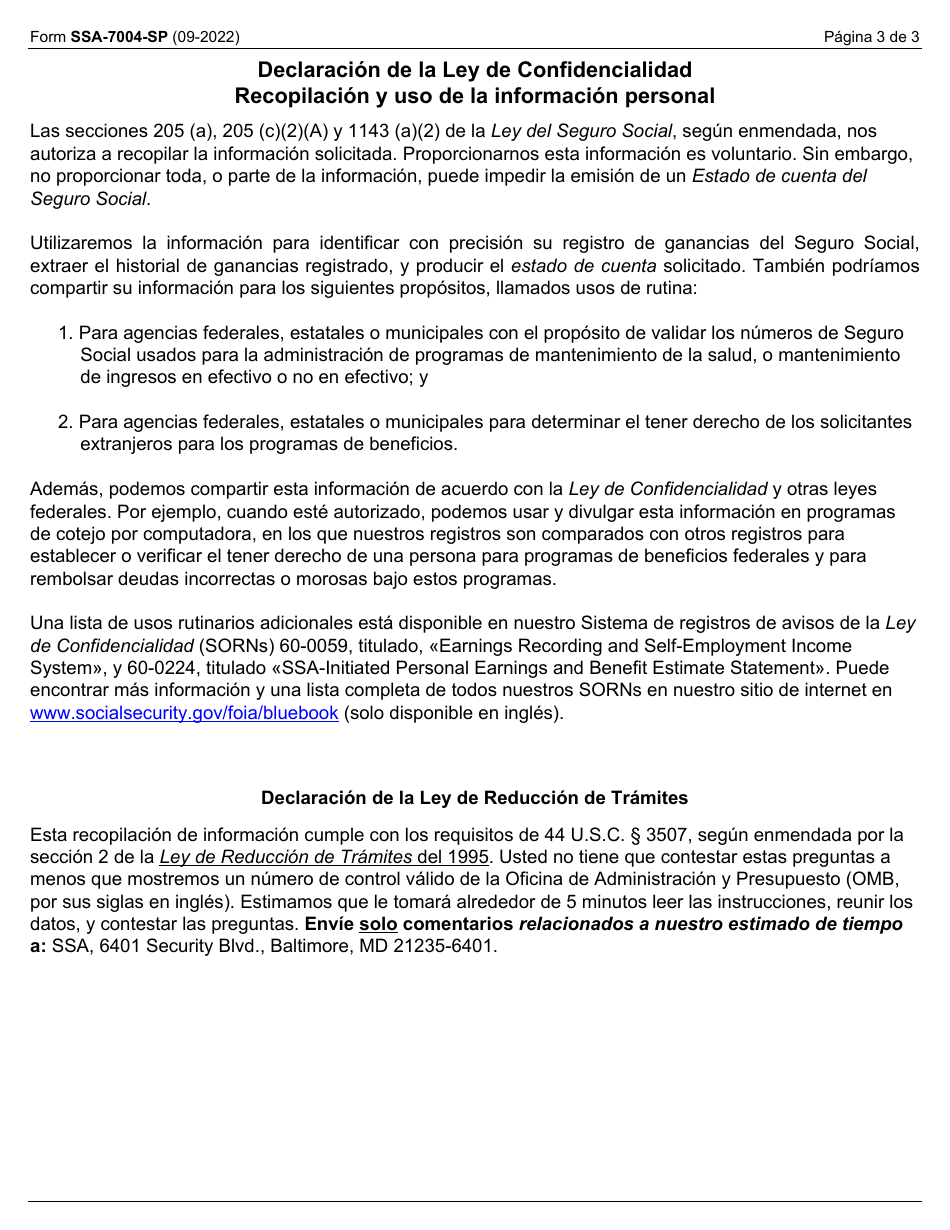 Formulario SSA-7004-SP Solicitud Para Un Estado De Cuenta Del Seguro Social (Spanish), Page 3