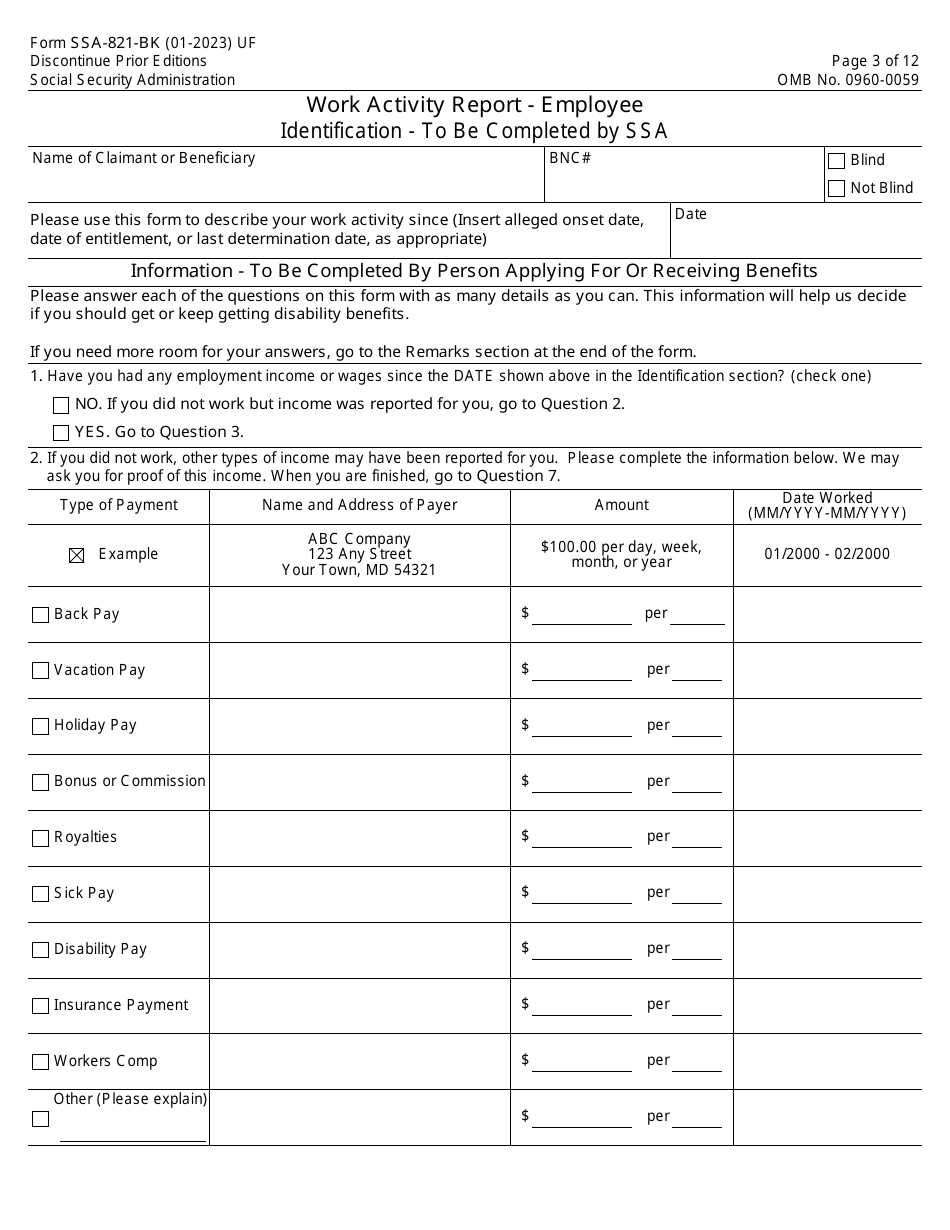 Form Ssa Bk Download Fillable Pdf Or Fill Online Work Activity