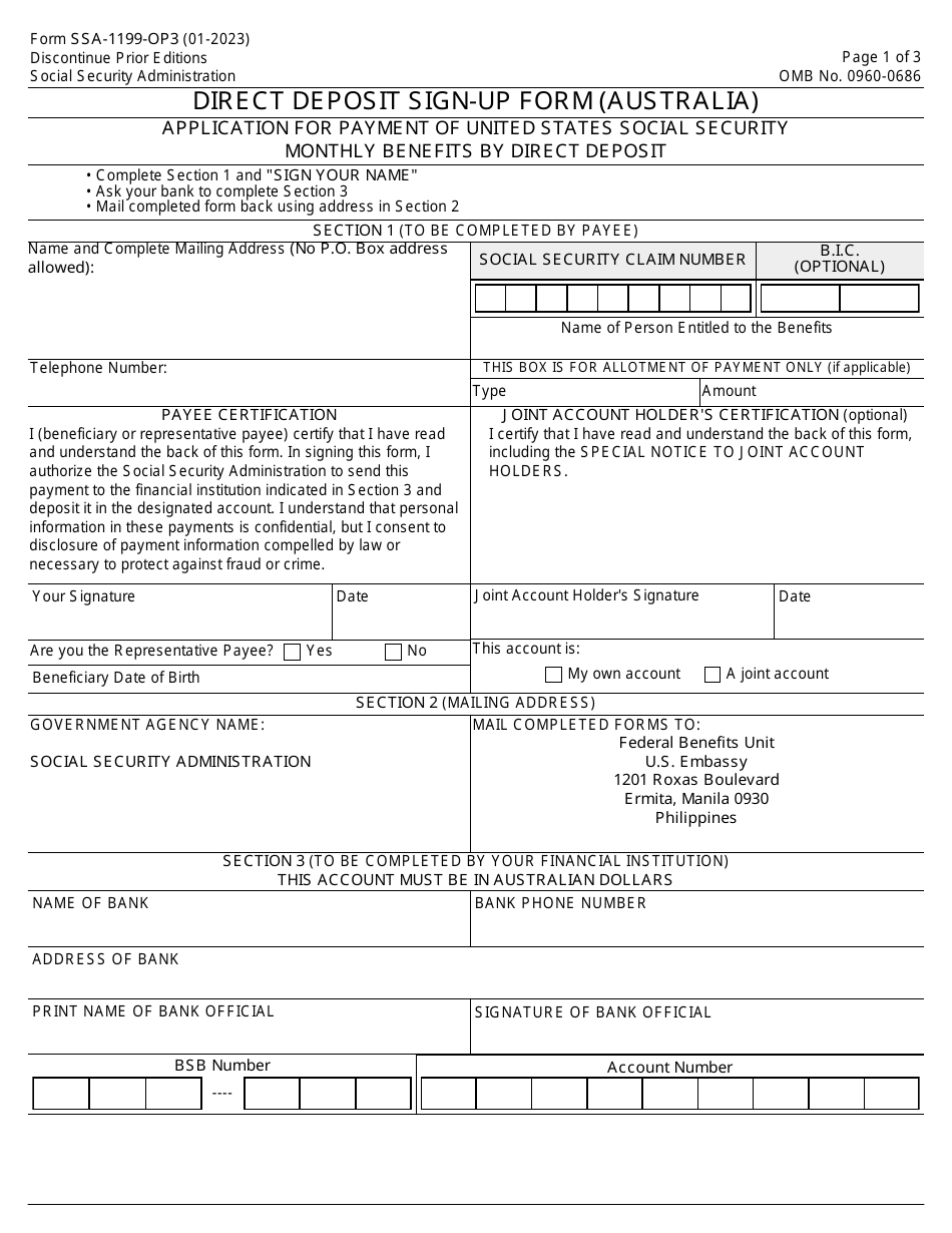 Form SSA-1199-OP3 Direct Deposit Sign-Up Form (Australia), Page 1