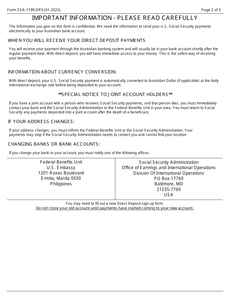 Form SSA-1199-OP3 Direct Deposit Sign-Up Form (Australia), Page 2
