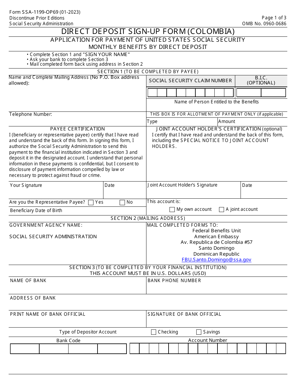 Form SSA-1199-OP69 Direct Deposit Sign-Up Form (Colombia), Page 1