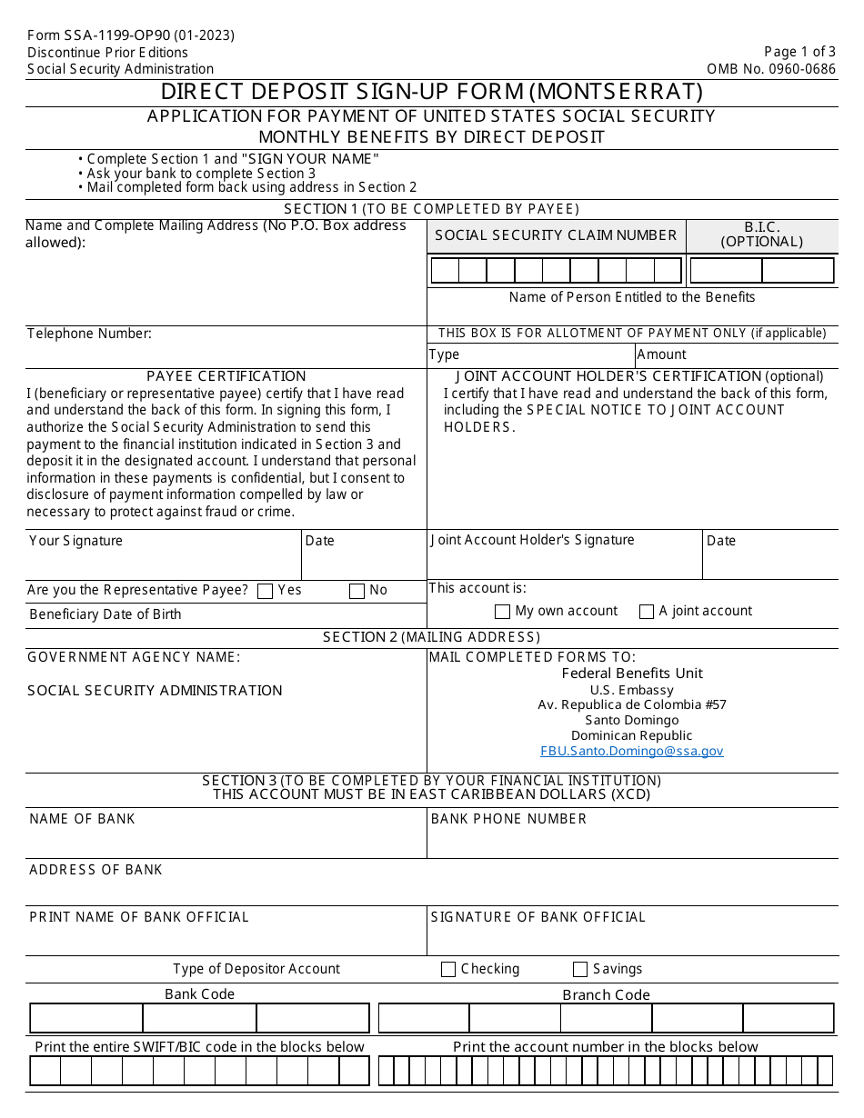 Form SSA-1199-OP90 Direct Deposit Sign-Up Form (Montserrat), Page 1