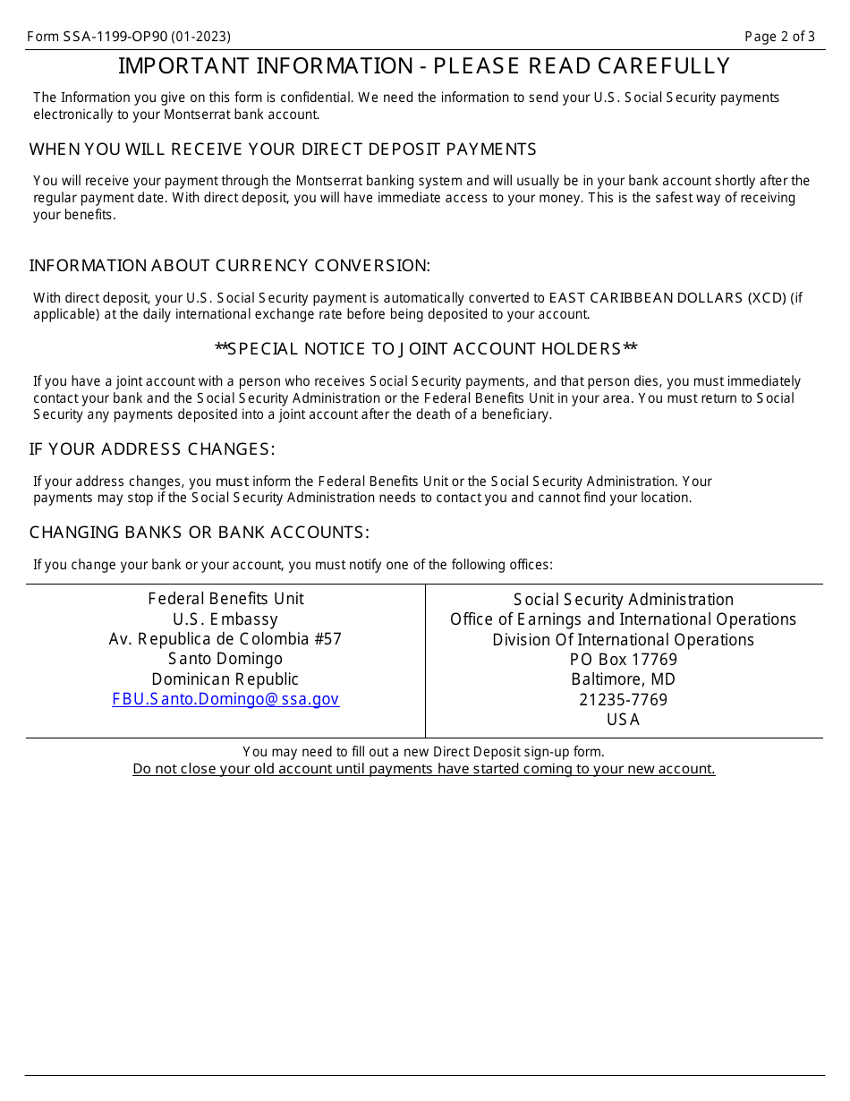 Form SSA-1199-OP90 Direct Deposit Sign-Up Form (Montserrat), Page 2