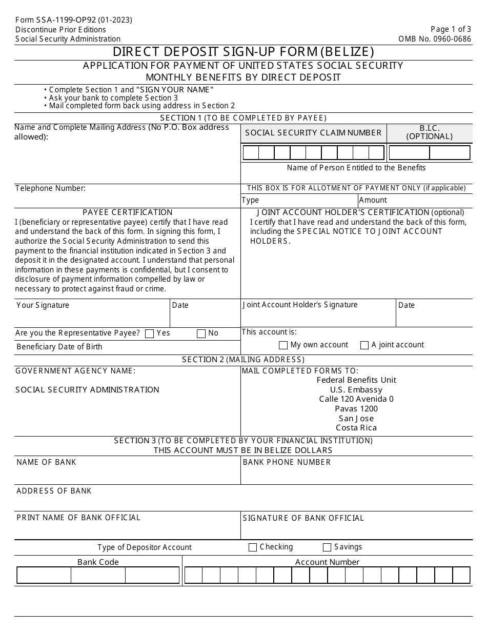 Form SSA-1199-OP92 Direct Deposit Sign-Up Form (Belize), Page 1