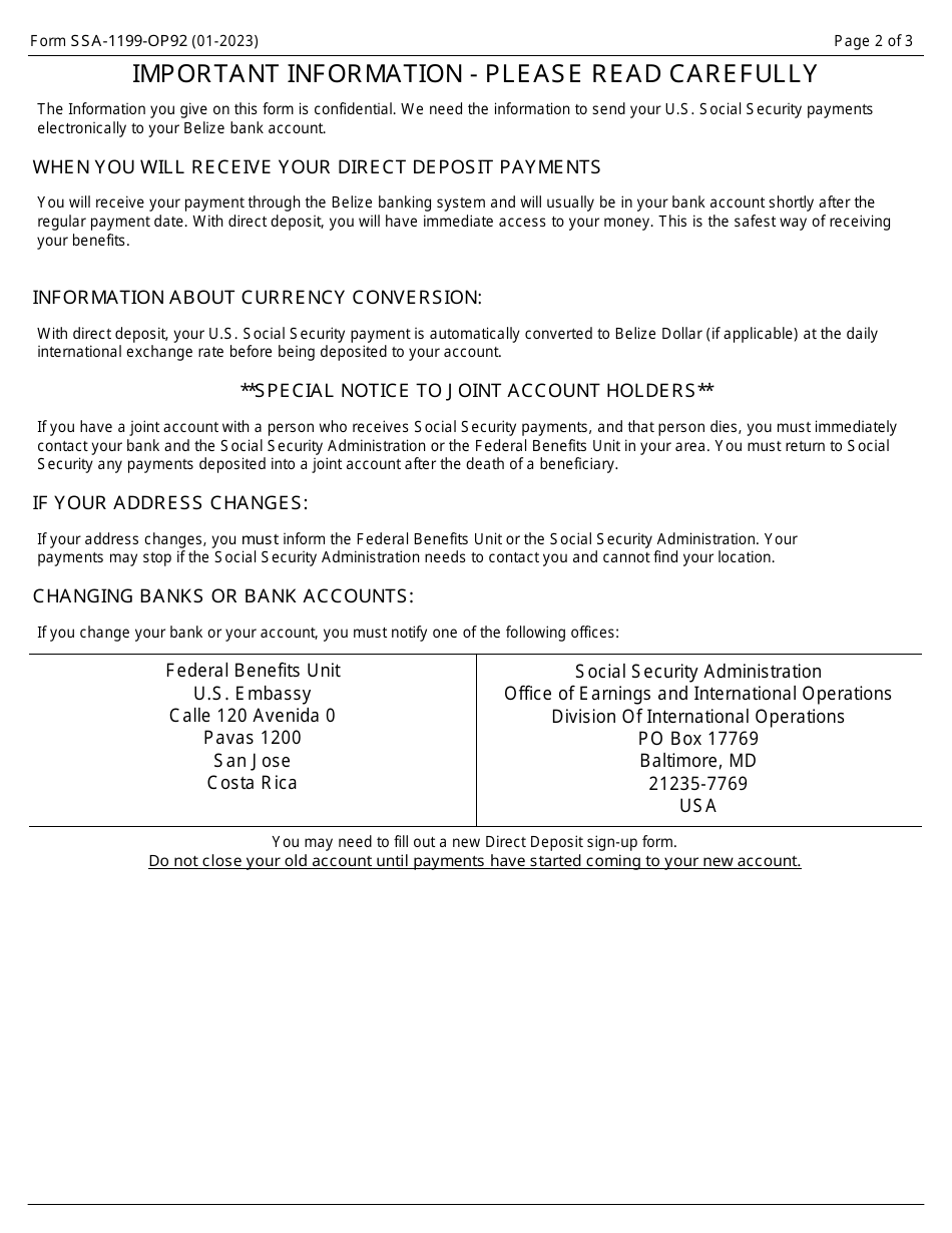 Form SSA-1199-OP92 Direct Deposit Sign-Up Form (Belize), Page 2