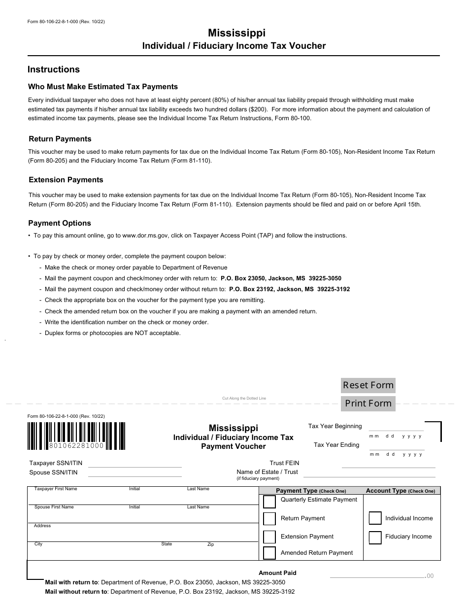 Form 80-106 Mississippi Individual / Fiduciary Income Tax Voucher - Mississippi, Page 1