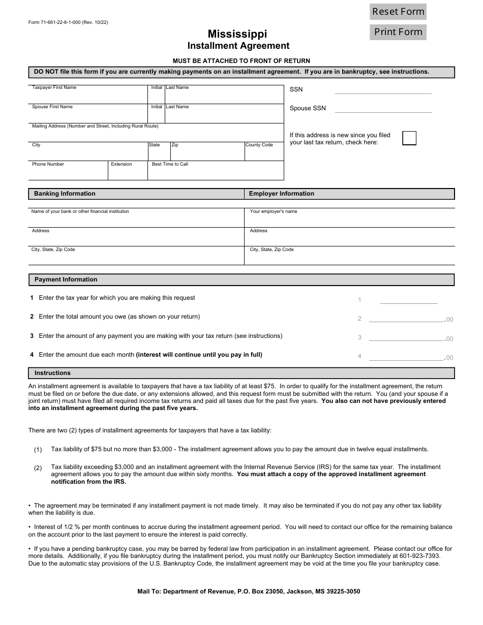 Form 71-661 Mississippi Installment Agreement - Mississippi, Page 1