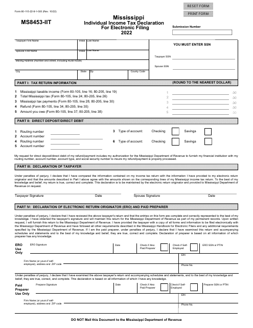 Form 80-115 (MS8453-IIT) Mississippi Individual Income Tax Declaration for Electronic Filing - Mississippi, 2022
