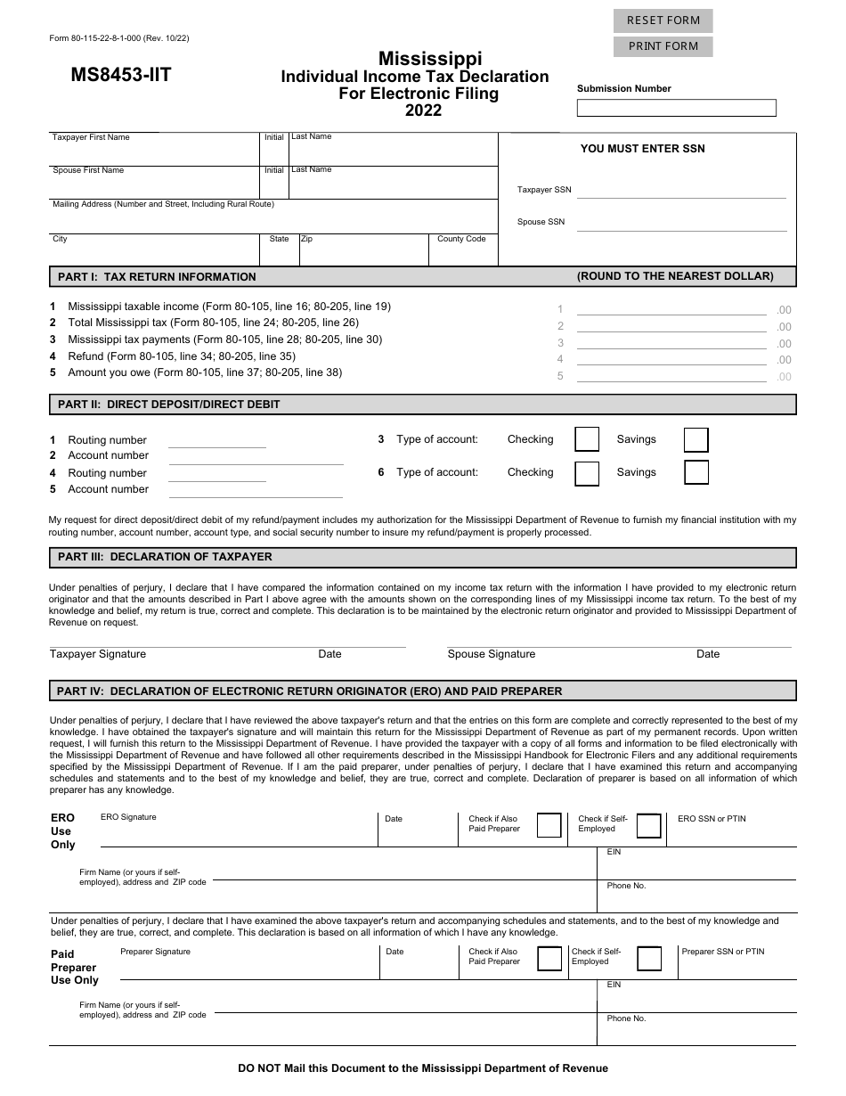 Form 80-115 (MS8453-IIT) Mississippi Individual Income Tax Declaration for Electronic Filing - Mississippi, Page 1