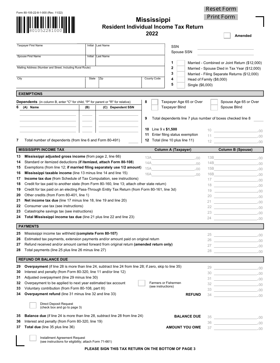 Form 80-105 Mississippi Resident Individual Income Tax Return - Mississippi, Page 1