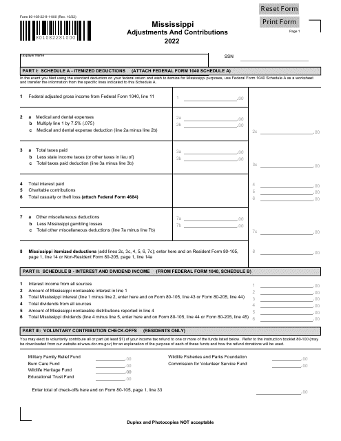 Form 80-108 Mississippi Adjustments and Contributions - Mississippi, 2022