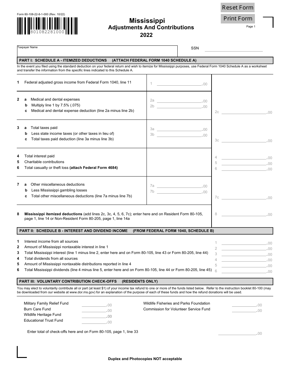Form 80-108 Mississippi Adjustments and Contributions - Mississippi, Page 1